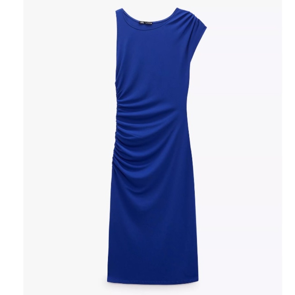 ZARA Draped Gathered Midi Dress - Bluish - Medium
